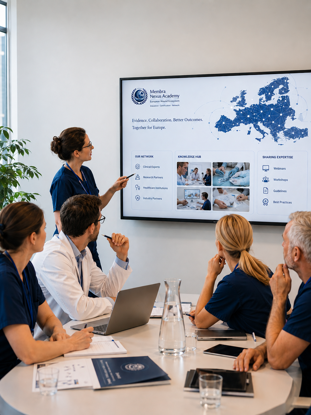 Besprechung medizinischer Fachkräfte mit einer Membra-Nexus-Academy-Präsentation